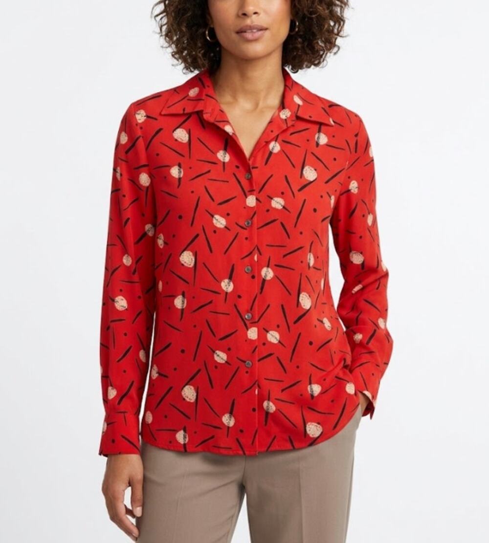 NOTATIONS Button Down Blouse Long Sleeve Red Abstract Print Womens Small Petite